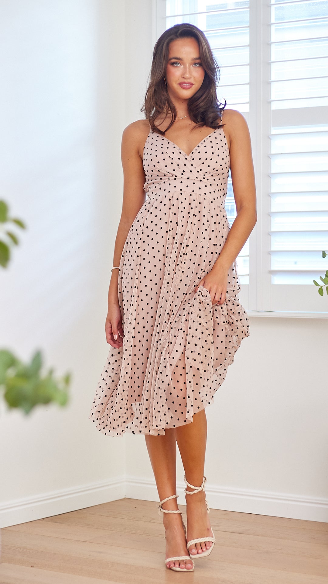 Polka Mesh Midi Dress-Pink