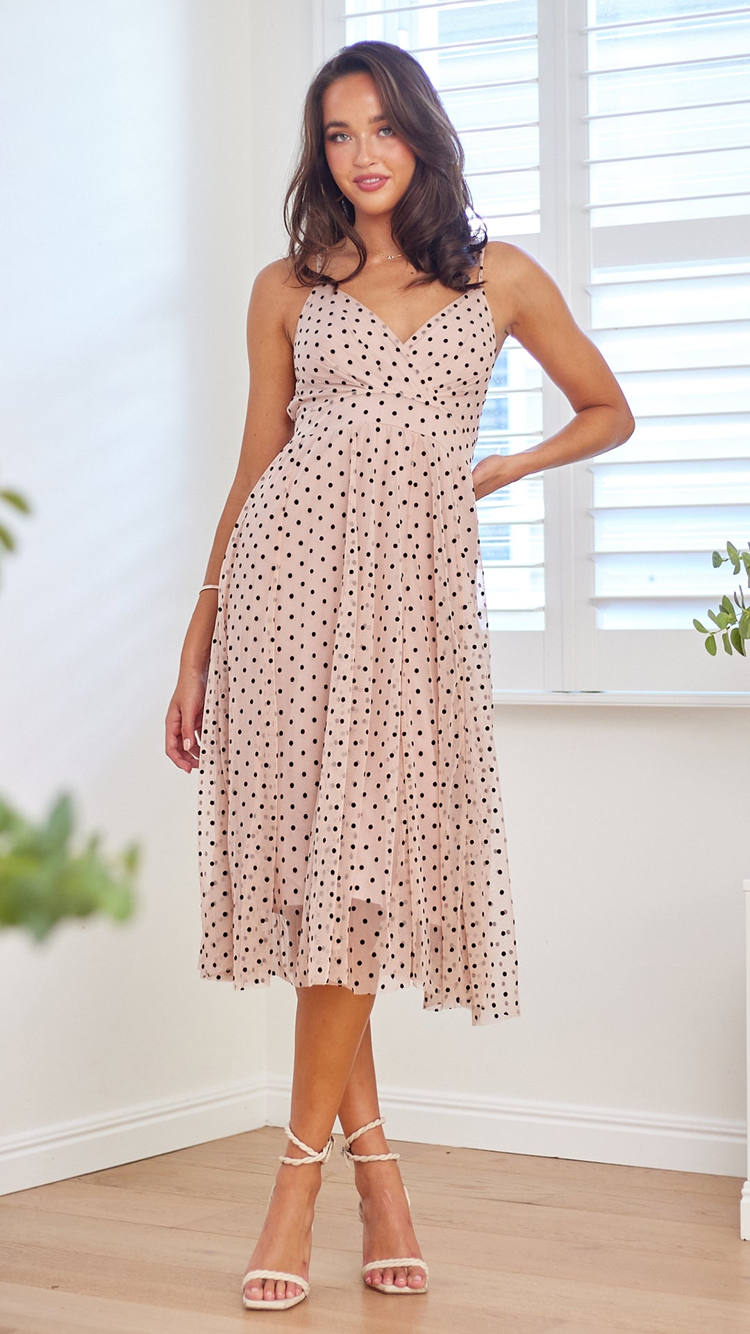 Polka Mesh Midi Dress-Pink
