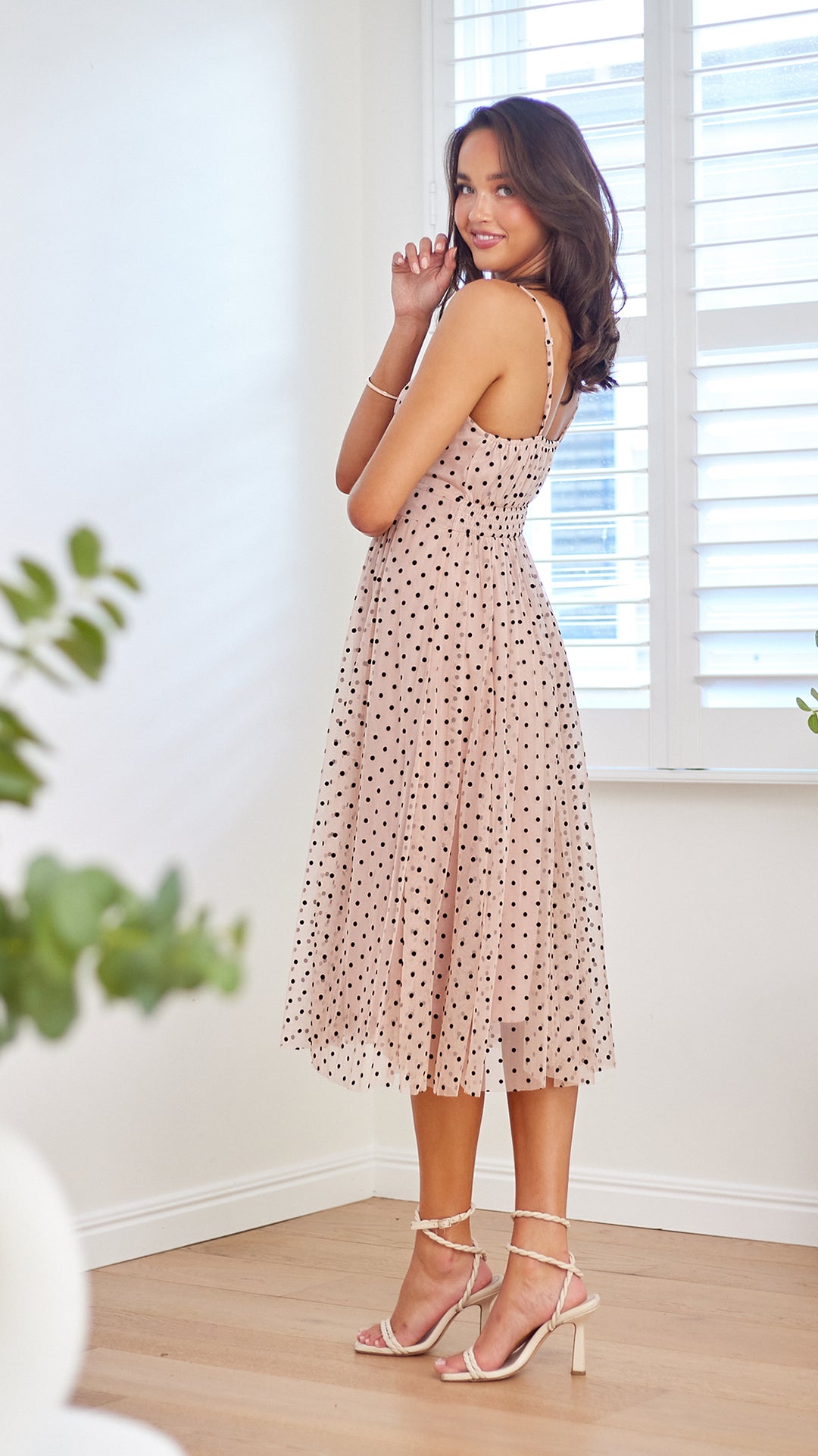 Polka Mesh Midi Dress-Pink
