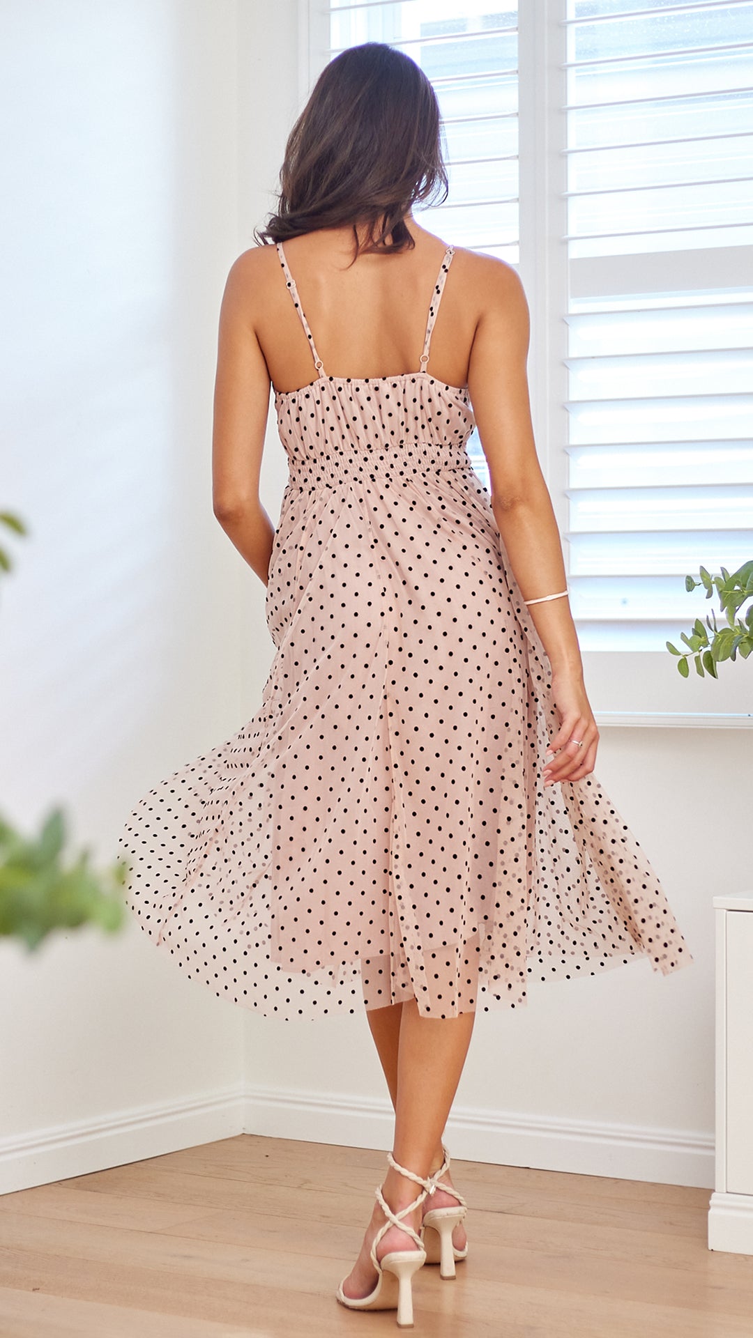 Polka Mesh Midi Dress-Pink