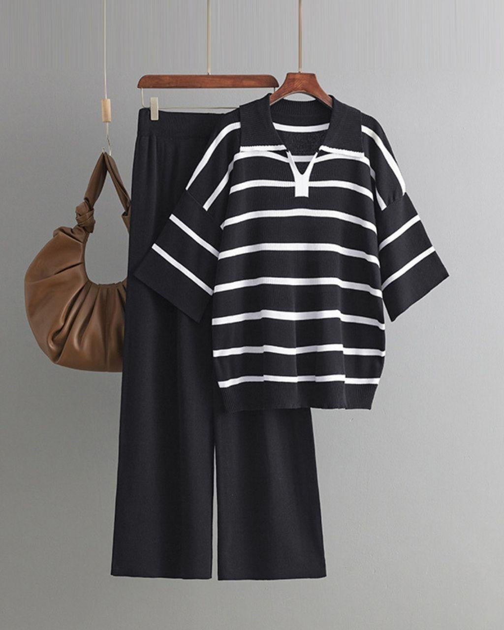 Breezy Belle  Striped Set-Black & White