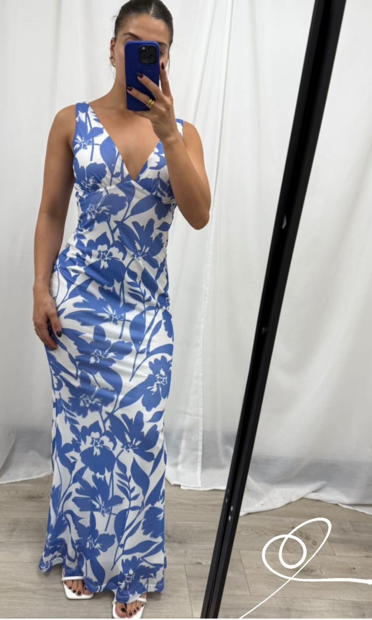 Korah Mesh Maxi Dress-Blue/White Leaf Print