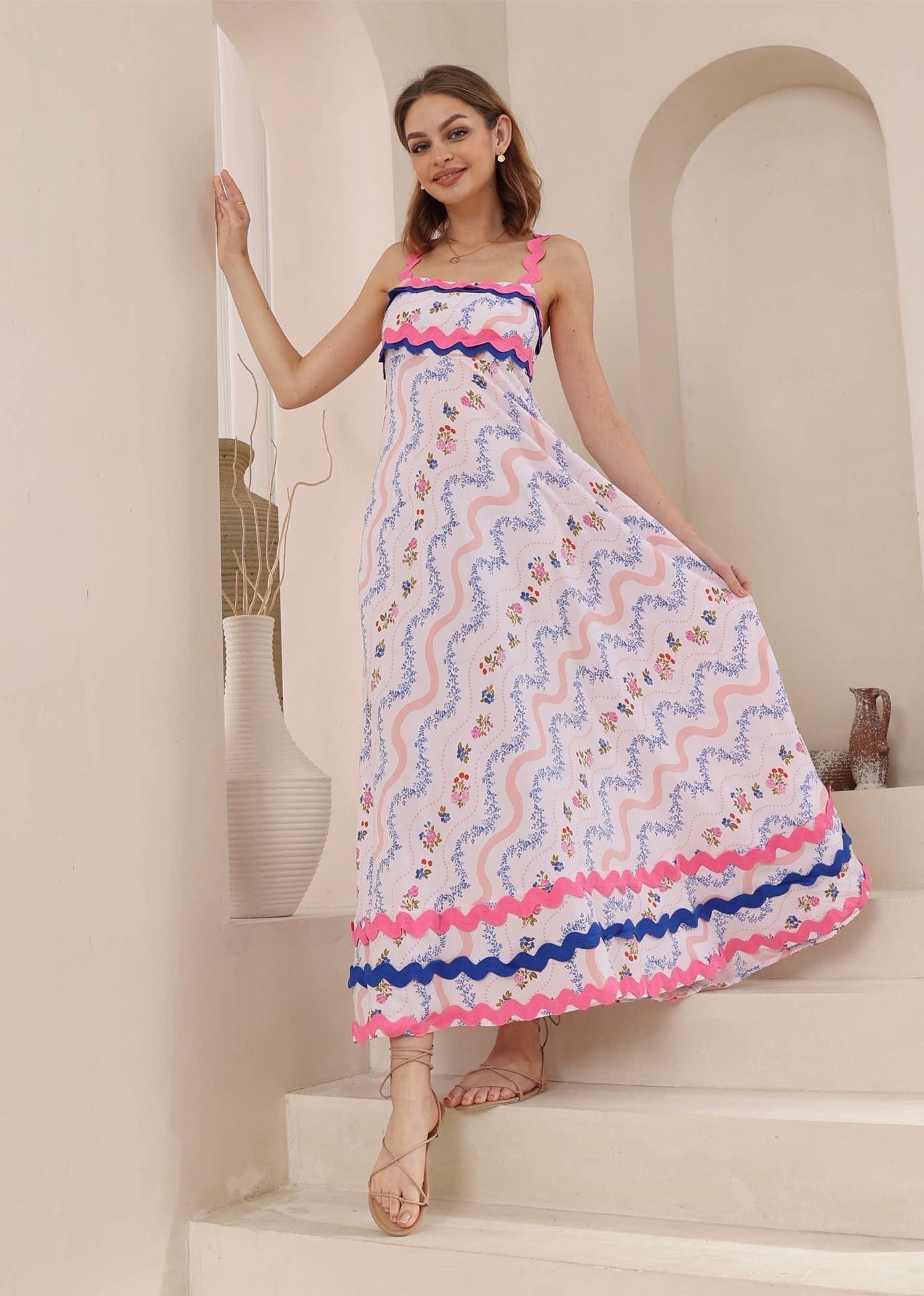 Lila Waves Smocked Maxi Dress-Pink