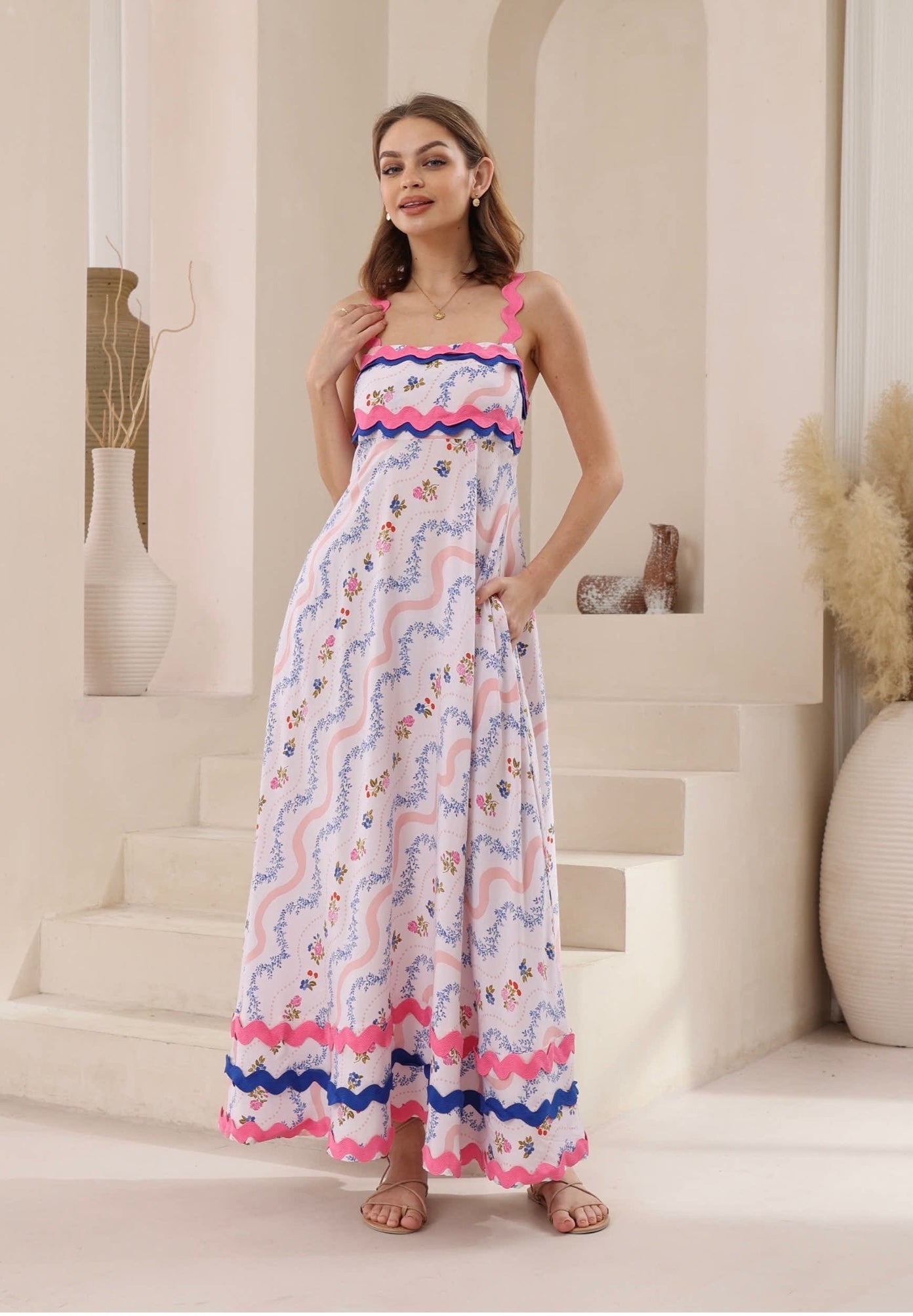 Lila Waves Smocked Maxi Dress-Pink