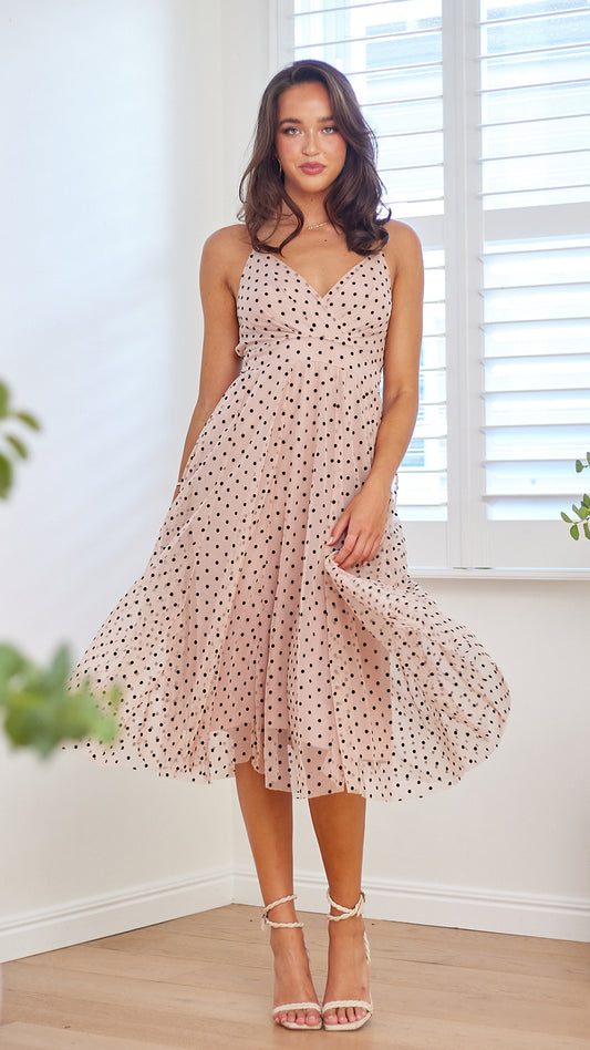 Polka Mesh Midi Dress-Pink