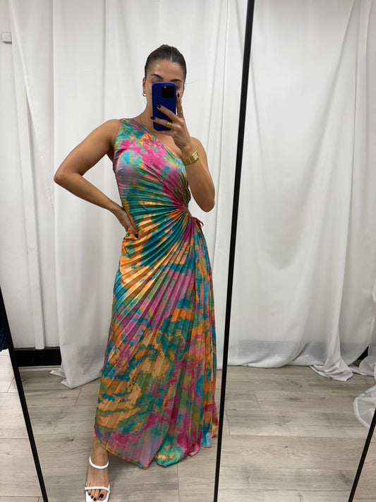 Aurora Sunset Swirl Pleated Maxi Dress-Pink/Aqua