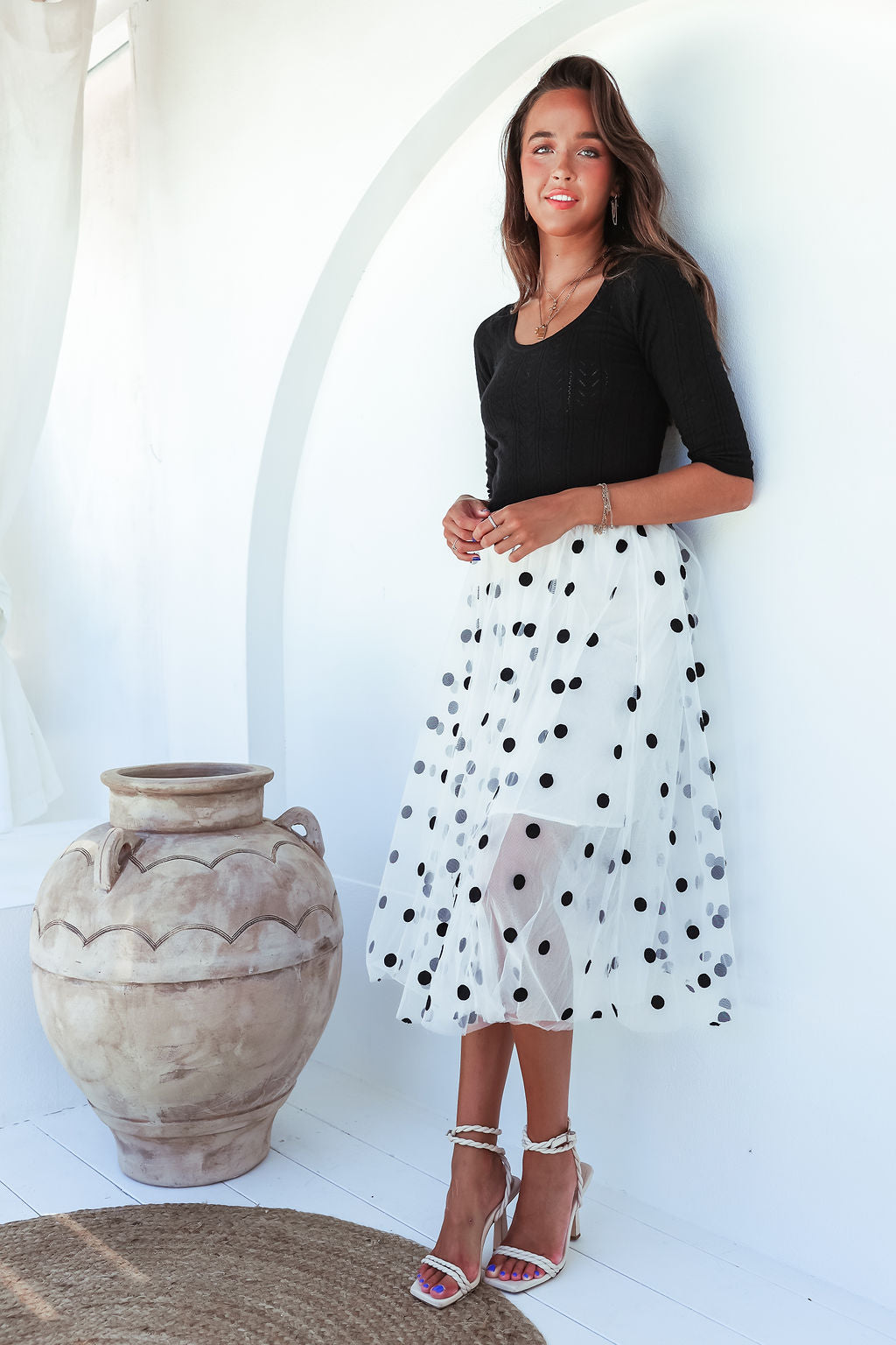 Nicole Maxi Gauze Skirt -White/ Black spot